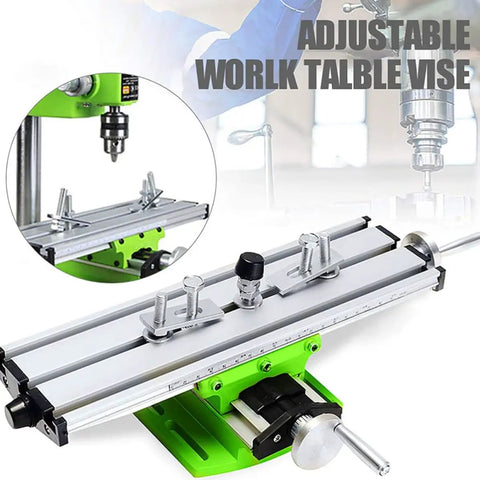 Boofaa Compact Multifunction Drill Press Platform For Milling Machines, adjustable work table vise in green and aluminum.
