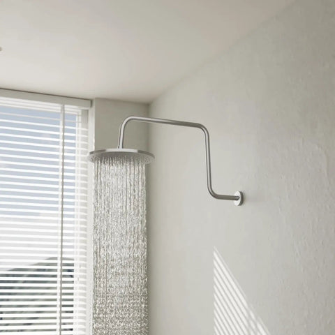 Offset Brass S Style Shower Arm Extension With 1/2 NPT Connection, Brushed Nickel Finish, 19-1/2 Inch Length, Raises Shower Head 6-1/4 Inches, Rust-Resistant Solid Brass, Ceiling Clearance Friendly installed near window