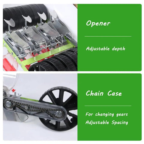 Metal Precision Garden Push Seeder With Five Row Capacity Walk Behind Cultivator showing opener and chain case features