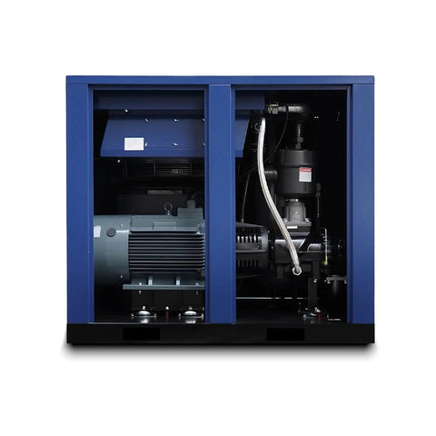 Heavy Duty 50 HP Rotary Screw Air Compressor Pump With Massive 219 CFM Flow Rate And 125 PSI Max Pressure showing internal motor and components.