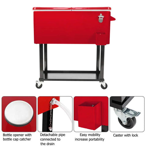 80 Qt Rolling Cooler Ice Chest Cart With Bottle Opener And Bottom Shelf For Backyard Patio Parties, red, on wheels with accessories