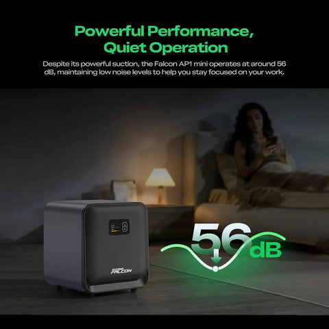 Falcon AP1 Mini Smoke Purifier For Laser Engravers shown in quiet bedroom, 56 dB operation, compact design on desk