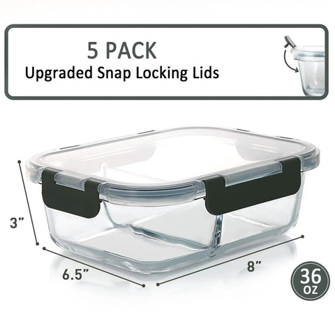 Glass Meal Prep Containers Set With Two Compartments 36 Oz Each Premium Borosilicate Glass Upgraded Snap Lock Lids