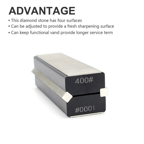 Top Shelf Four Sided Sharpening Stone With Slick Removable Block And Diamond Sand Strips Grit 300 Through 1000, showcasing grits 400 and #000.