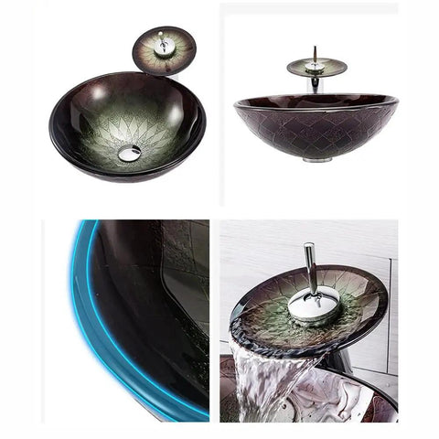 Slick Tempered Glass Bathroom Vessel Sink With Hardcore Waterfall Faucet Premium Countertop Wash Basin top view with intricate design