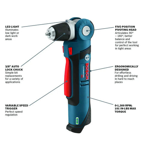 12 Volt Max Three Eighth Inch Right Angle Drill Driver Bare Tool With Five Position Rotating Head For Tight Spots High Torque To Weight Ratio 115 Inch Lbs Of Torque And Dual LED Lights, showing specifications and features labels.
