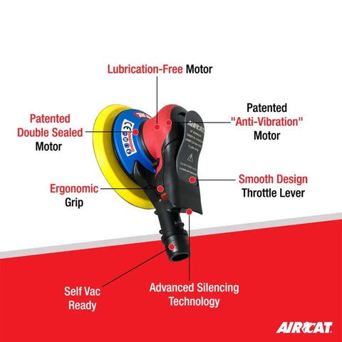 Pneumatic Orbital Palm Sander With Self Vacuum Dust Collection, 11,000 RPM, ergonomic grip, anti-vibration motor details.