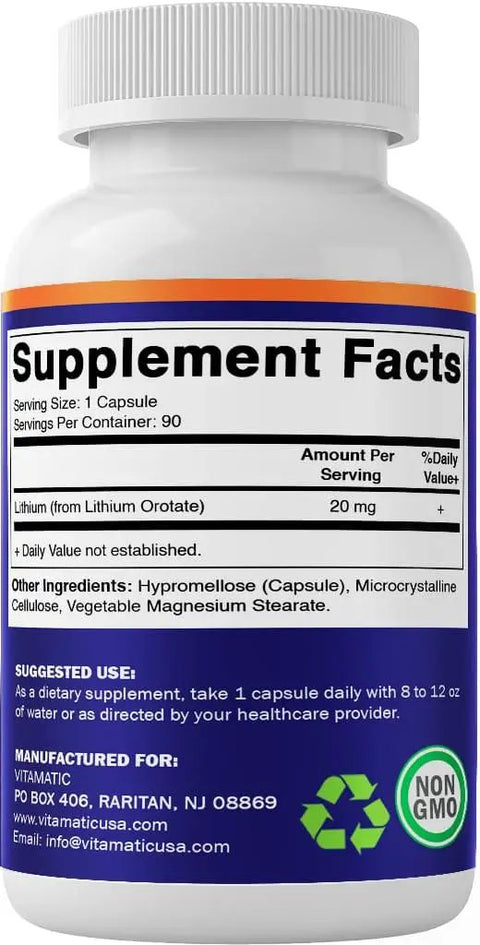 Supplement bottle label showing Lithium Orotate 20mg Mood Support Supplement With Bioavailable Formula 90 Veggie Caps Gluten Free Non GMO