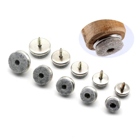 Adjustable Screw In Furniture Felt Glides Set 18 20 22 24 28mm for chairs and tables, demonstration on wooden leg.