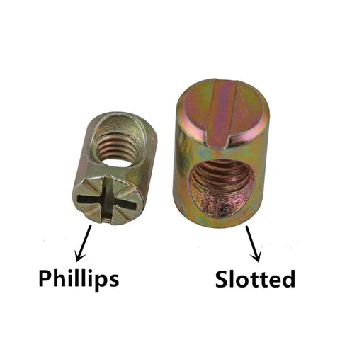 Slotted barrel cross dowel nuts M5 M6 M8 for furniture building, zinc plated, heavy duty. One with Phillips, one with slotted top.