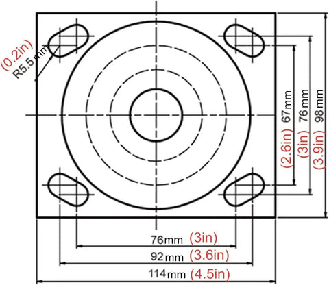 Diagram showing dimensions of Kickass Heavy Duty Swivel Casters Four Pack With Slick Polyurethane Tires and Rock Solid Ball Bearings.