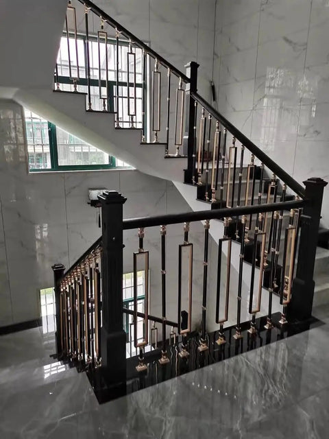 Premium Heavy Duty Aluminum Baluster Spindle Railing Kit With Slick Square Metal Posts And No Sweat Flat Brackets For Deck Stairs and stylish indoor staircase.