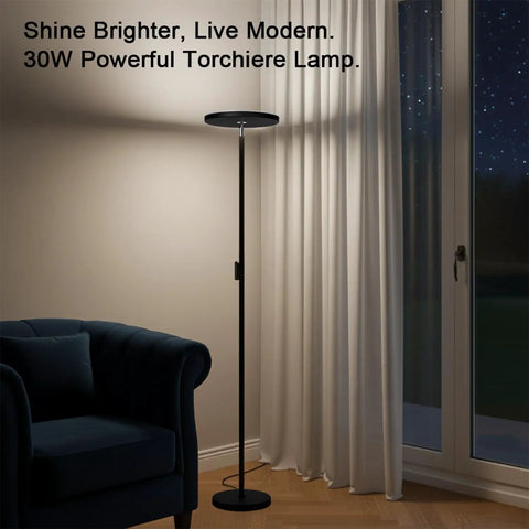 Sky LED Modern Torchiere Floor Lamp With Remote And Touch Control, 30W 2400LM in living room at night, black finish