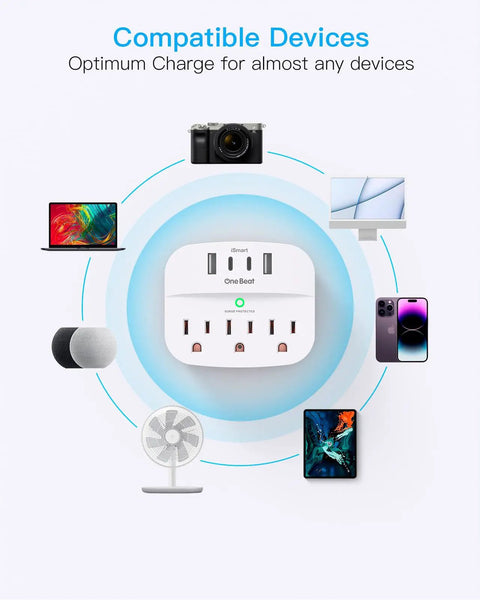 Compact Wall Outlet Extender With 3 AC Outlets And 4 USB Ports Featuring Built In Surge Protector showcasing compatible devices.