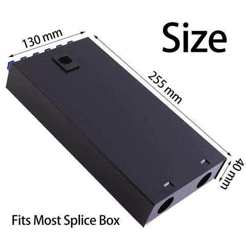 Six Port Wall Mount Fiber Enclosure Kit With Spool For Singlemode OS1 Includes One Meter Twelve Strand UPC Pigtail And Six Port Duplex LGX Panel, 255mm x 130mm x 40mm black metal box
