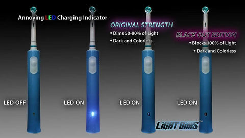 Black Out Edition toothbrush LED dimmers showing 100% light blocking and comparison with original strength, ideal for routers.
