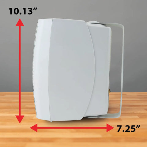 Side view of 5.25-inch three-way outdoor indoor wired speaker with weather resistant build, shown with dimensions on wood surface.