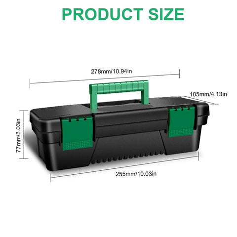 Kickass Tailgate Ready Tool Box Featuring An Unbreakable Hinged Lid And Grippy Top Carry Handle with dimensions and sturdy black design.