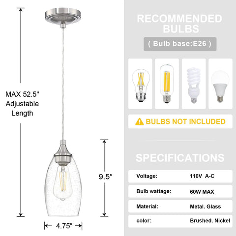 Dimensions and specifications for One Light Indoor Mini Hanging Pendant Lamps Set For Kitchen Island And Bar Handcrafted Glass Chandelier Shades In Seeded Clear Glass With Black Brushed Nickel Finish Perfect For Dining Room Breakfast Bar And Countertop Setup 3 Pack