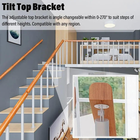 Tilt top bracket for adjustable 47 inch stainless steel balusters, ideal for stair installations in homes.
