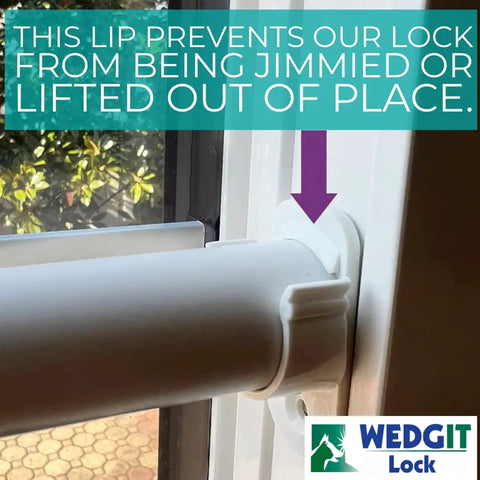 Close-up of Maxi Twist Tight Sliding Door Security Bar Extends 25 To 42 Inches installed on a sliding glass door, white.