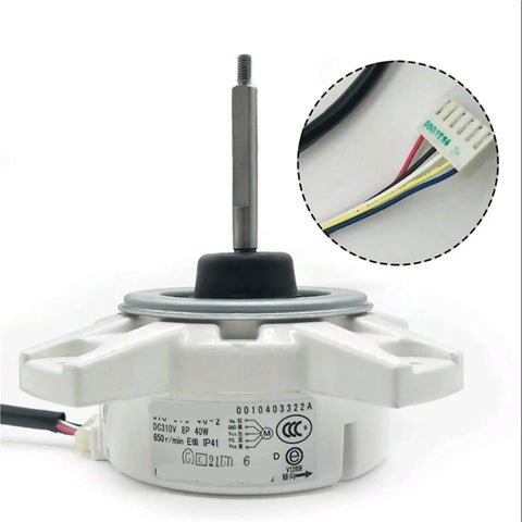 40W 310V DC Brushless Fan Motor for Air Conditioning Units with wiring detail, white housing, and exposed rotor shaft