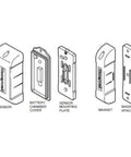 Outdoor Wireless Magnetic Door Sensor 5816OD diagram with battery chamber cover, mounting plate, magnet, and spacer components.
