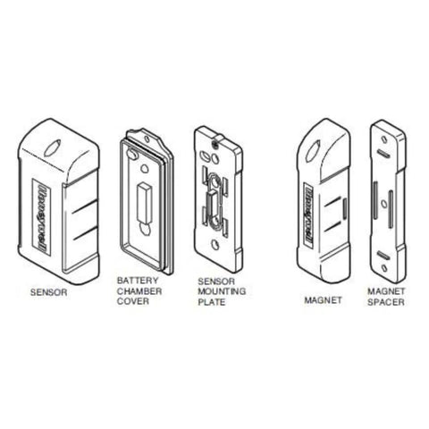 Outdoor Wireless Magnetic Door Sensor 5816OD diagram with battery chamber cover, mounting plate, magnet, and spacer components.