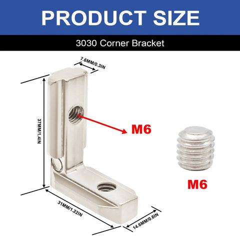 Product size diagram showing 26Pcs 3030 Inside Corner Brackets Set with M6 screw for 3030 aluminum extrusion, silver finish.