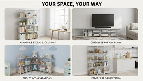 Heavy Duty 12 Cube Metal Wire Storage Rack Stackable Open Shelving System For Closet Bedroom Office, organized with books and decor.