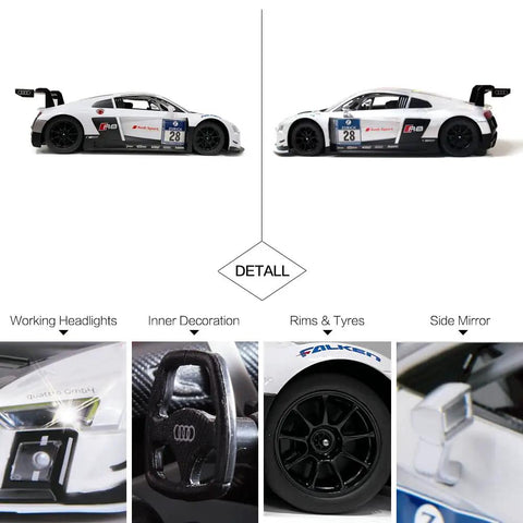 Audi R8 LMS Style Remote Control Car 1 14 Scale High Speed RC Toy side view and detail shots of headlights, interior, wheels, mirrors