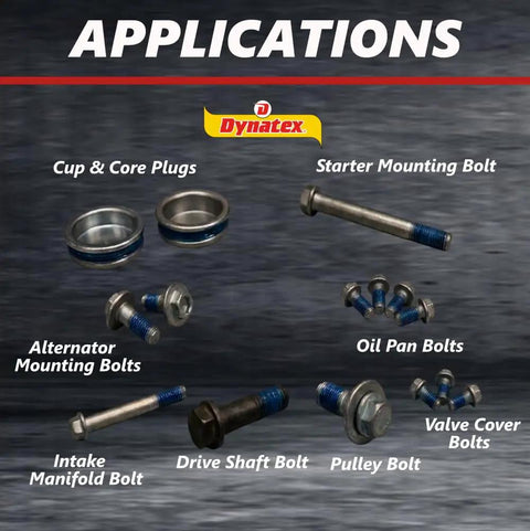 Applications of Blue Gel Threadlocker Medium Strength For Metal Fasteners Removable With Hand Tools Keeps Threads Tight In Vibration Prone Environments Solvent Resistant 0.20 Oz Bottle Pack Of 3 on various bolts and plugs including starter, alternator, oil pan, and others.