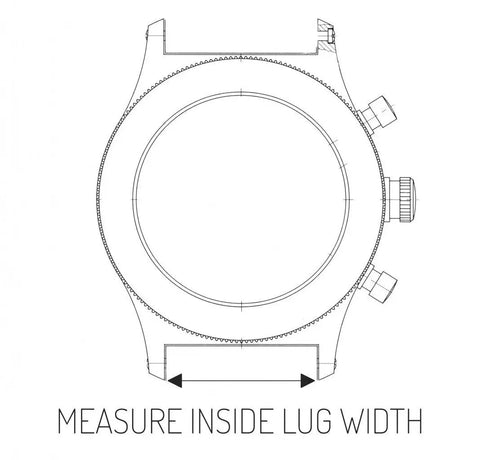 Diagram showing how to measure inside lug width for Watch Adapters for Tread and Tread LT in Black 16mm Lug Size Includes Pin Tool and Replacement Pins Lets You Swap Watch Bands Fast Apple Watch Compatible Adapters Patent Pending.
