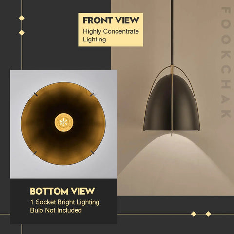 Black Dome Pendant Light For Kitchen Island, 10 Inch Dope Modern Black And Gold Ceiling Fixture With E26 Socket, front and bottom view