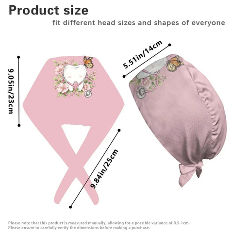 Teeth Print Stethoscope Scrubs Set for Women in Pink, featuring scrub cap with floral design and dimensions for S to 5XL