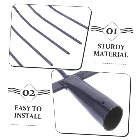 Close-up of sturdy iron tines and handle of Handheld Manure Fork With Solid Iron Tines For Gardening Farming And Lawn Maintenance