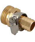 Close-up of Two Pack Brass Five Eighth Inch Garden Hose Connector Kit with male fitting and clamp, corrosion resistant.