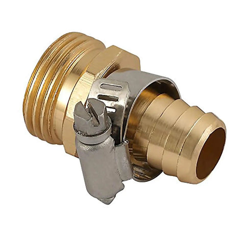 Close-up of Two Pack Brass Five Eighth Inch Garden Hose Connector Kit with male fitting and clamp, corrosion resistant.