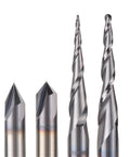 Rock Solid Solid Carbide CNC Router Bits Set Featuring Eight Precision Milling Cutters For Wood Carving Engraving And T Slot Jobs With 6mm And 6.35mm Shanks Built Tough, showing detailed bits.