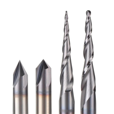 Top Tier Solid Carbide Cnc Router Bits Delivers Smooth Operation With Hardcore Grip Across Six And Six Point Three Five Millimeters Shank Profiles showing three end mills.