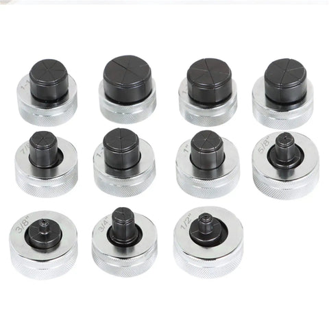 Set of 11 die heads for Hydraulic Tube Expander Tool for HVAC Swaging Kit with Tube Cutter, sizes from 3/8 to 1 5/8 inch.