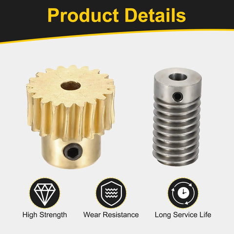 Front view of uxcell worm gear set: brass 20-tooth gear with 4mm bore and steel shaft with 6mm bore for 1:20 reduction