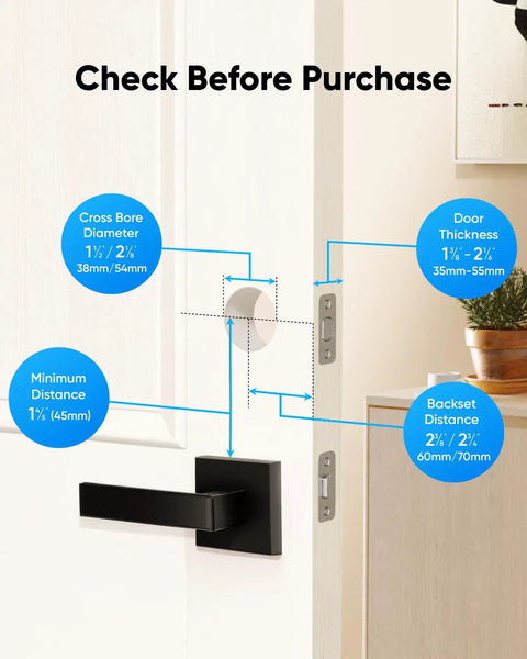 Zero Sweat Plug And Play Keyless Entry Door Lock with dimensions for installation, including thickness and distance measurements.