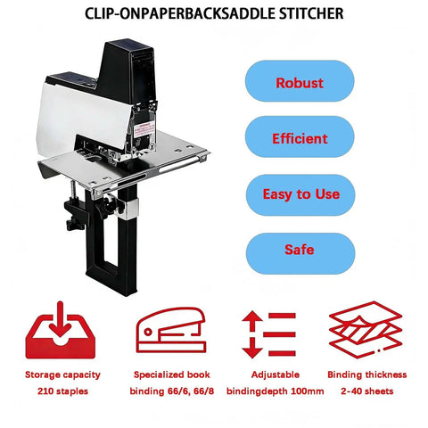 Electric Rapid Stapler For Book Binding With Foot Pedal Switch, die-cast aluminum frame shown with features listed