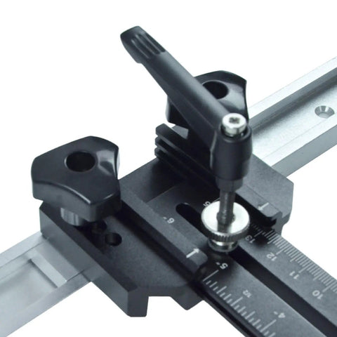 Close-up of Pro Grade Aluminum T Track Jig showing adjustable mechanism for precise woodworking cuts on saws and routers