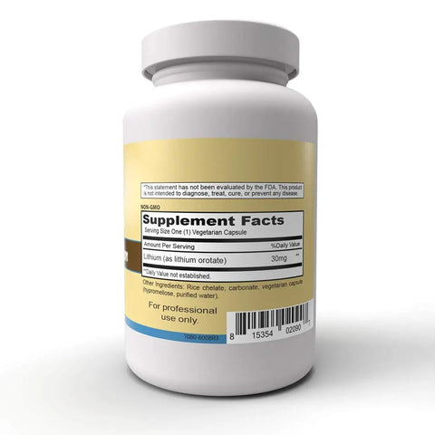 Bottle of Lithium Orotate 30mg, 100 Vegetarian Capsules For That Everyday Mood And Immune Boost, Natural Non-GMO Formula