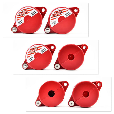 Valve Lockout Device 2 Pack Rotating Plastic Outdoor Water Hose Protector Babyproof 1 To 2.5 Inch Diameter Handles Red Secure For Water Spigot Faucet Knob Oil Natural Gas Propane Tank Lock Outdoor, shown in various angles