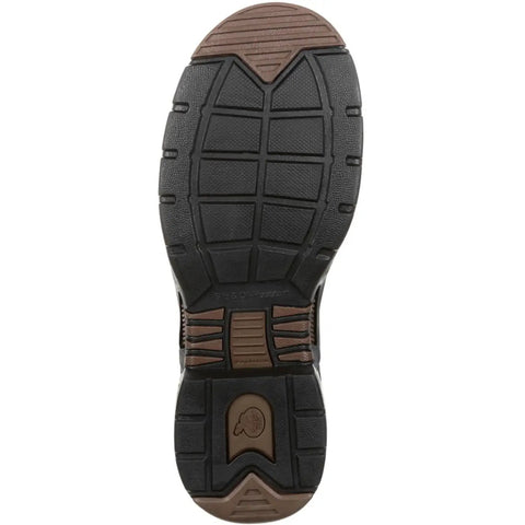 Men's Brown Moc Toe Work Boots Pull On Style With Back Zipper Electrical Hazard Rated Flexible Unlined Sole Lightweight Ride Built Tough For Long Hard Shifts sole view showing traction pattern