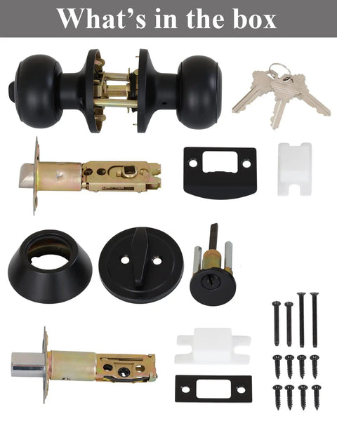 All Keyed Alike Entry Door Knobs And Deadbolt Set 4 Pack with 12 keys, components laid out with matte black and metal parts.