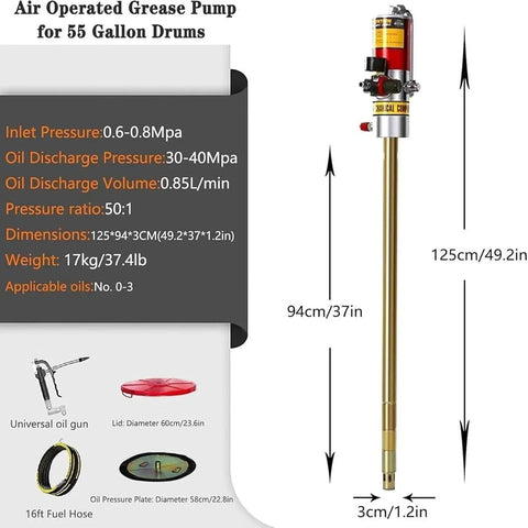 Badass Pneumatic Air Grease Pump Fits 55 Gallon Drum With 16 Ft Flexible Hose Universal Grease Gun And Driven Cap detailed specs